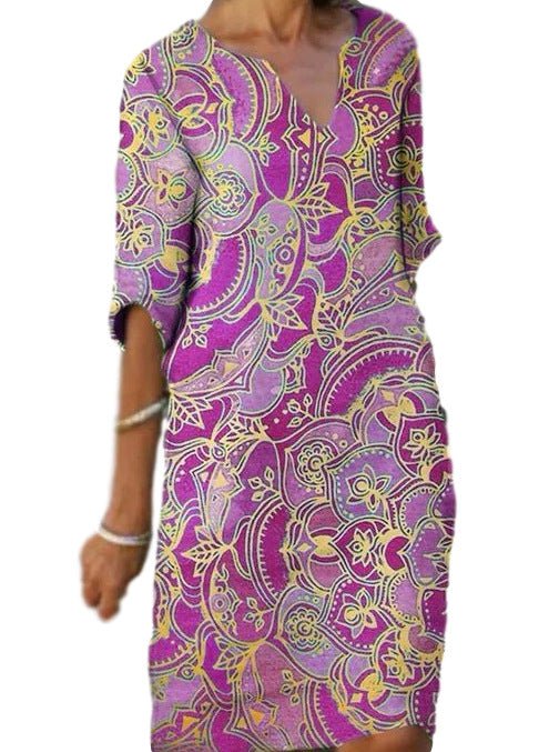 WW | Lässiges Farbenfrohes Paisley Inspiriertes Kleid mit Dreiviertelärmeln und V-Ausschnitt