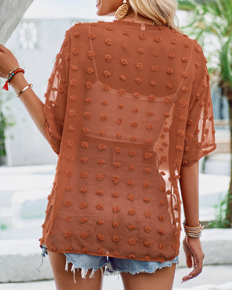 WW | Unifarben dünne Jacquard-Cardigan mit kurzen Ärmeln