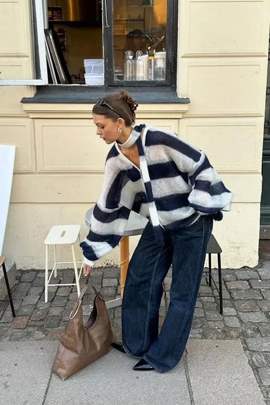 WW | Striped V-neck loose knitted cardigan