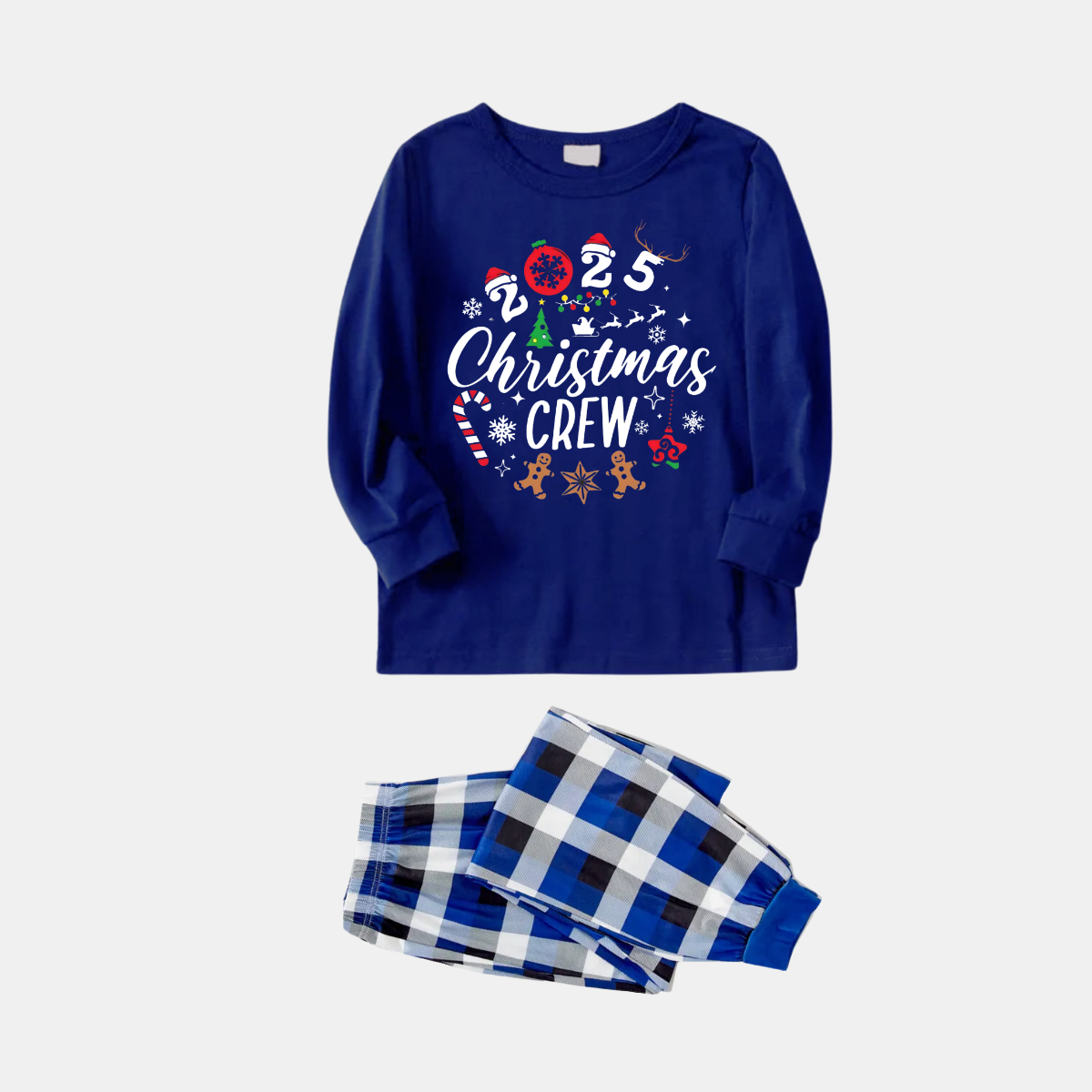 WW | Couple matching pajamas printed with "2025 Christmas Crew" text and a Christmas pattern