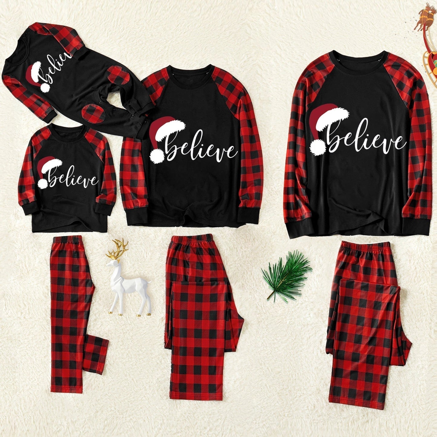 WW | Weihnachtsmütze und 'Believe' Buchstaben Druck Muster Kontrast Schwarz Top und Schwarz & Rot Karierte Hose Familien passende Schlafanzug Set