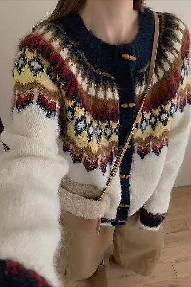 WW | Rundhals Fair Isle Weihnachten Hornknopf Strickjacke