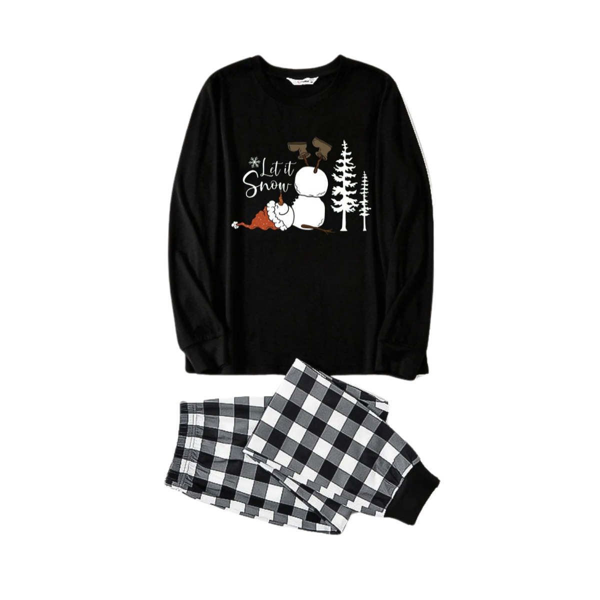 WW | Couple Black and White Plaid Matching Pajamas "Let it Snow" Text and Snowman Prints