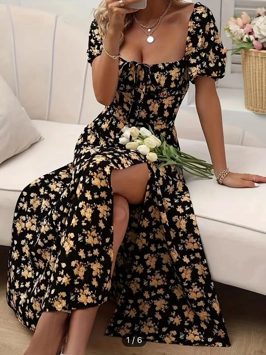 WW | Schickes Kleid mit Puffärmeln Im A-Linien-Stil mit Blumendruck