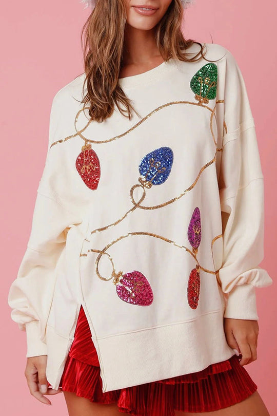 WW | Christmas Lights Sequin Slit Pullover Sweatshirt