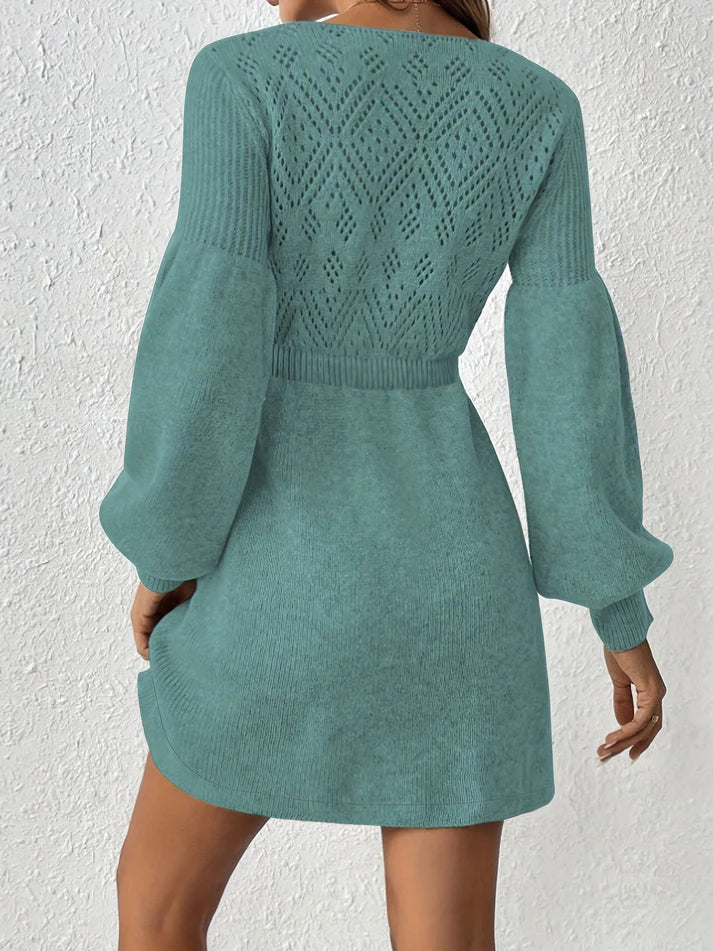 WW | Eyelet Embroidery Solid Color Knit Lantern Sleeve A-Line Ruched Waist Formal Dress For Women - Ideal for Formal Occasions