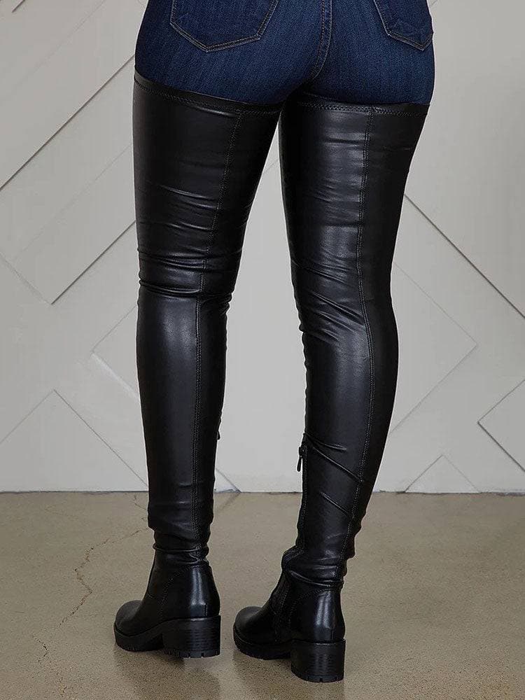 WW | Overknee Stiefel Leder Niedriger Blockabsatz Texturierte Sohle Reißverschlussverschluss