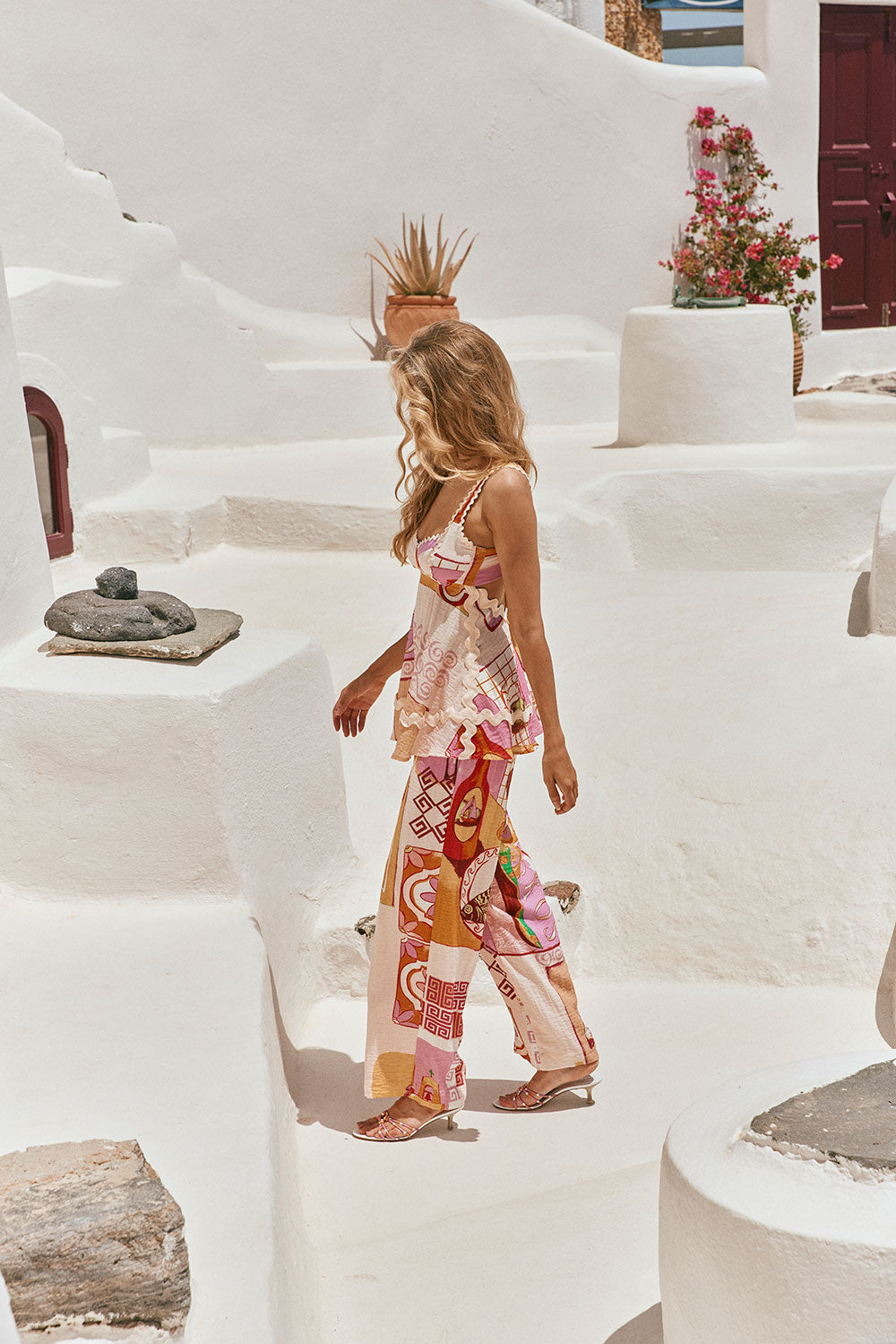 Carina - Printed Set with Cami Top, Wavy Hem, and Wide Waistband with Elastic Waist