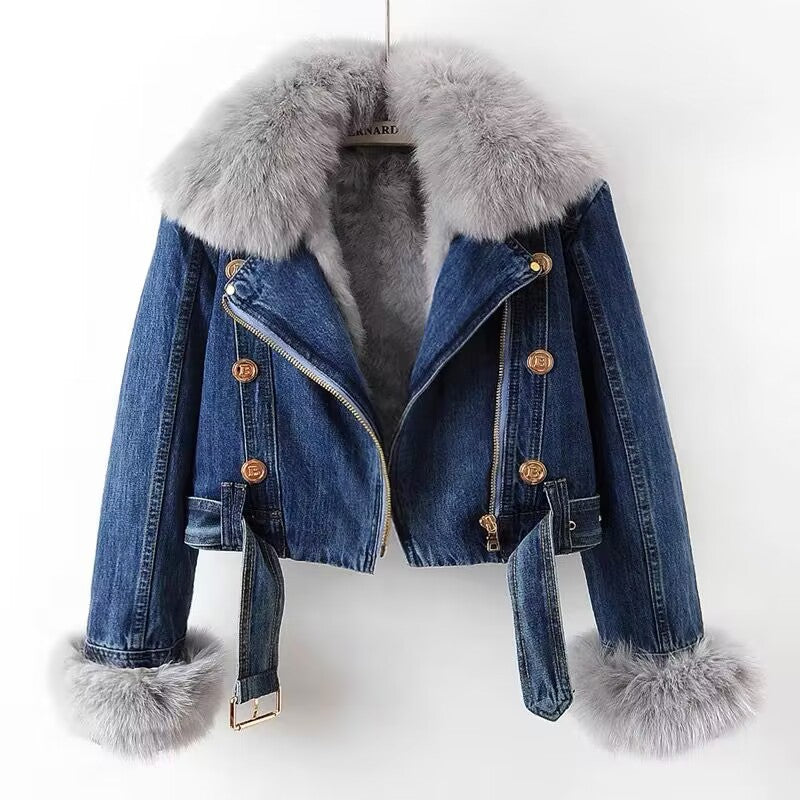 WW | Motorradjeansjacke mit abnehmendem Kunstfellkragen