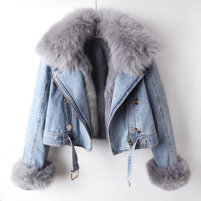WW | Motorcycle denim jacket with detachable faux fur collar