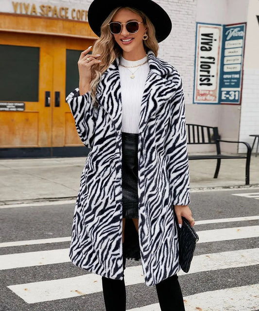 WW | Long Plush Coat with Zebra Pattern