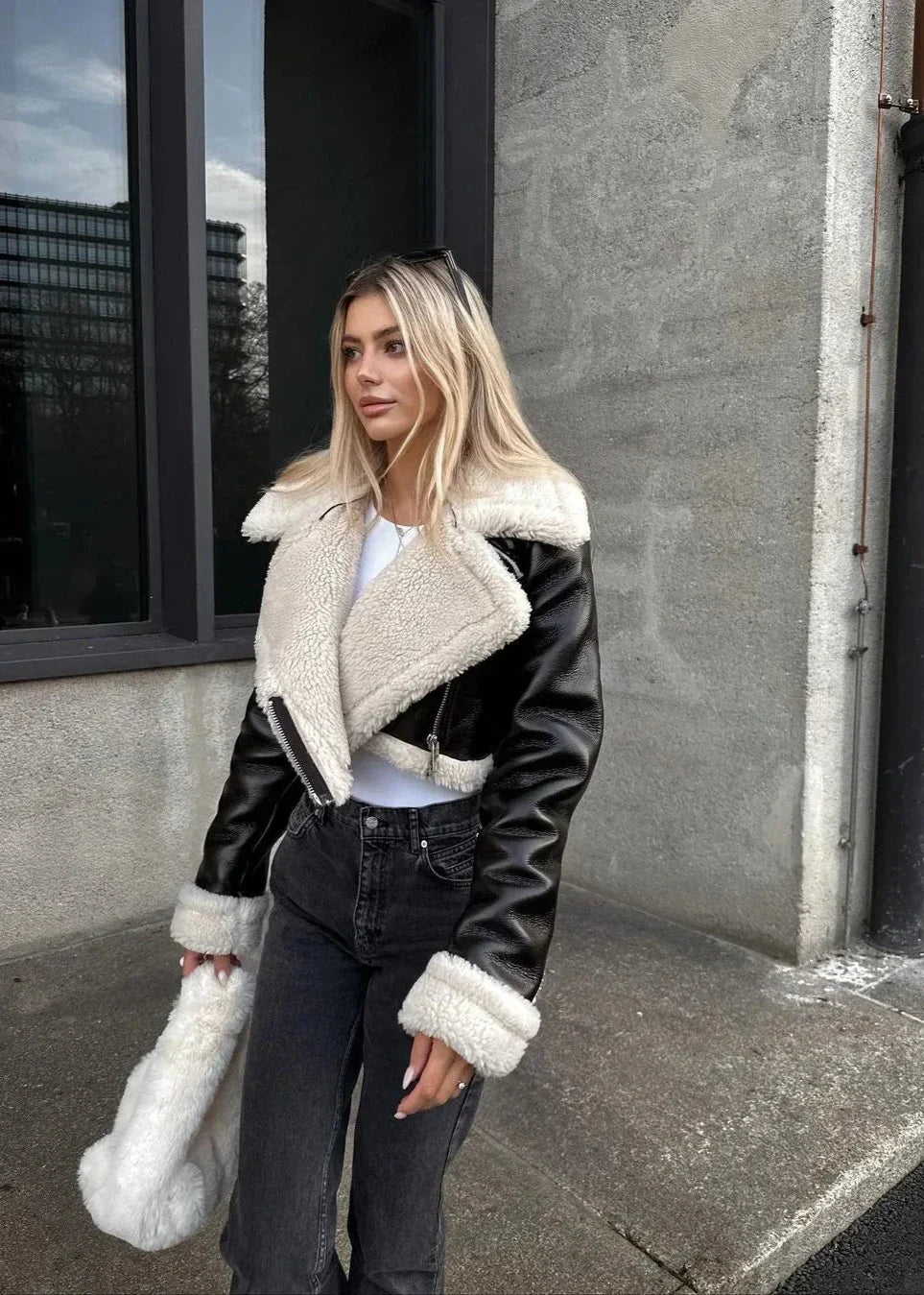 WW | Sherpa Trim Lederjacke - Kurzer Reißverschlussstil