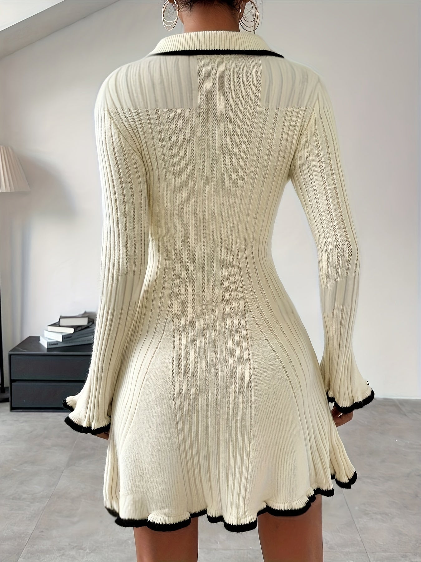 WW | Farbblock Salat Besatz A-Linie Knopf Vorderseite Schlag Ärmel Gerippt Pullover Formelles Kleid Für Frauen - Für formelle Anlässe