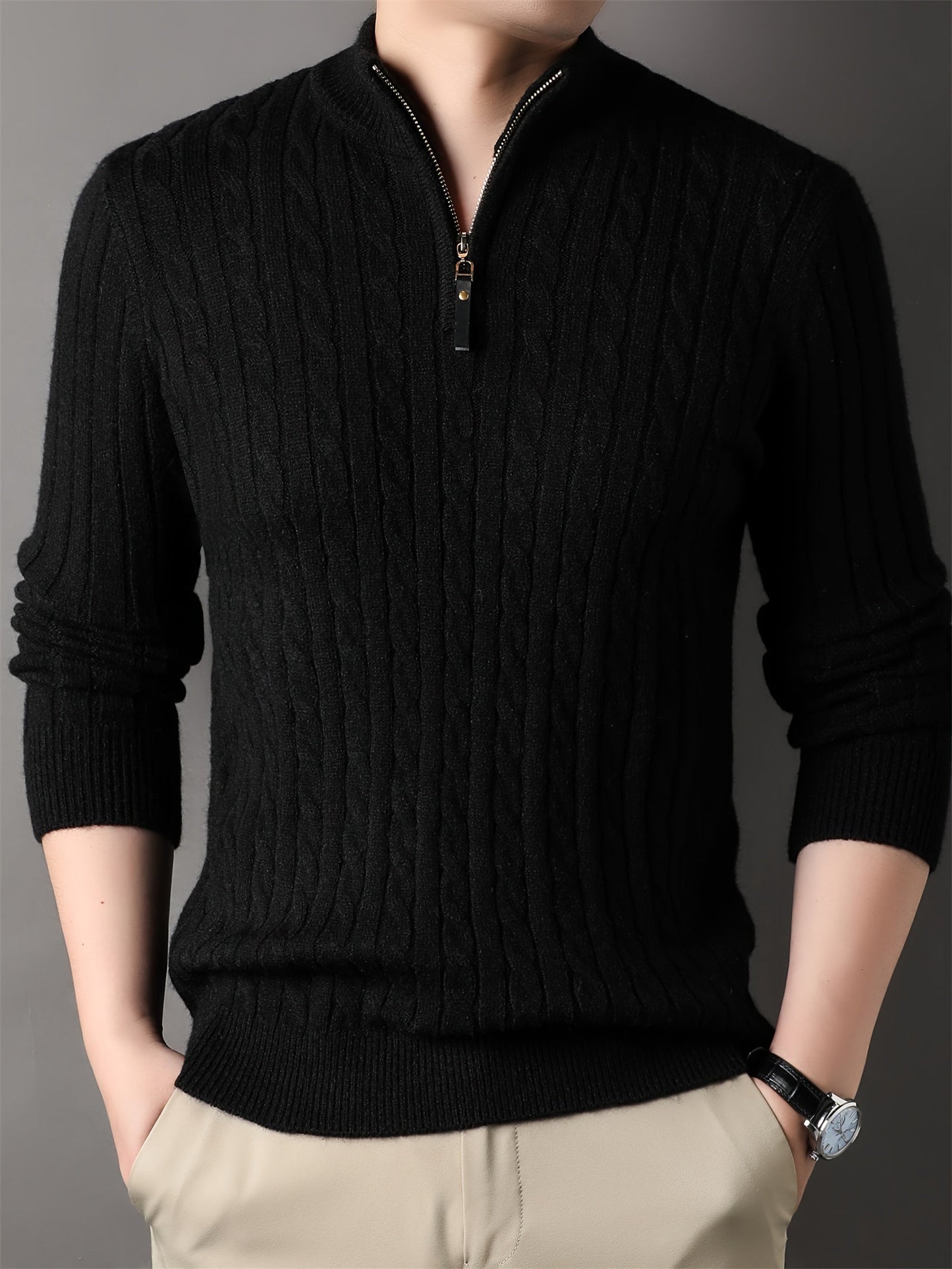 WW | Men's Casual Cable Knit Zip Sweater