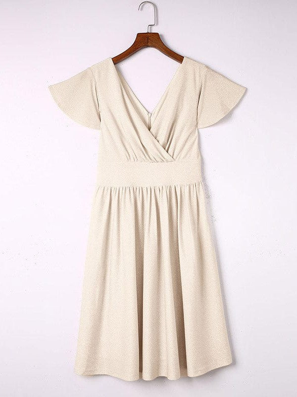 Elegant V-neck dress with pleats and ruffle details for a sophisticated look