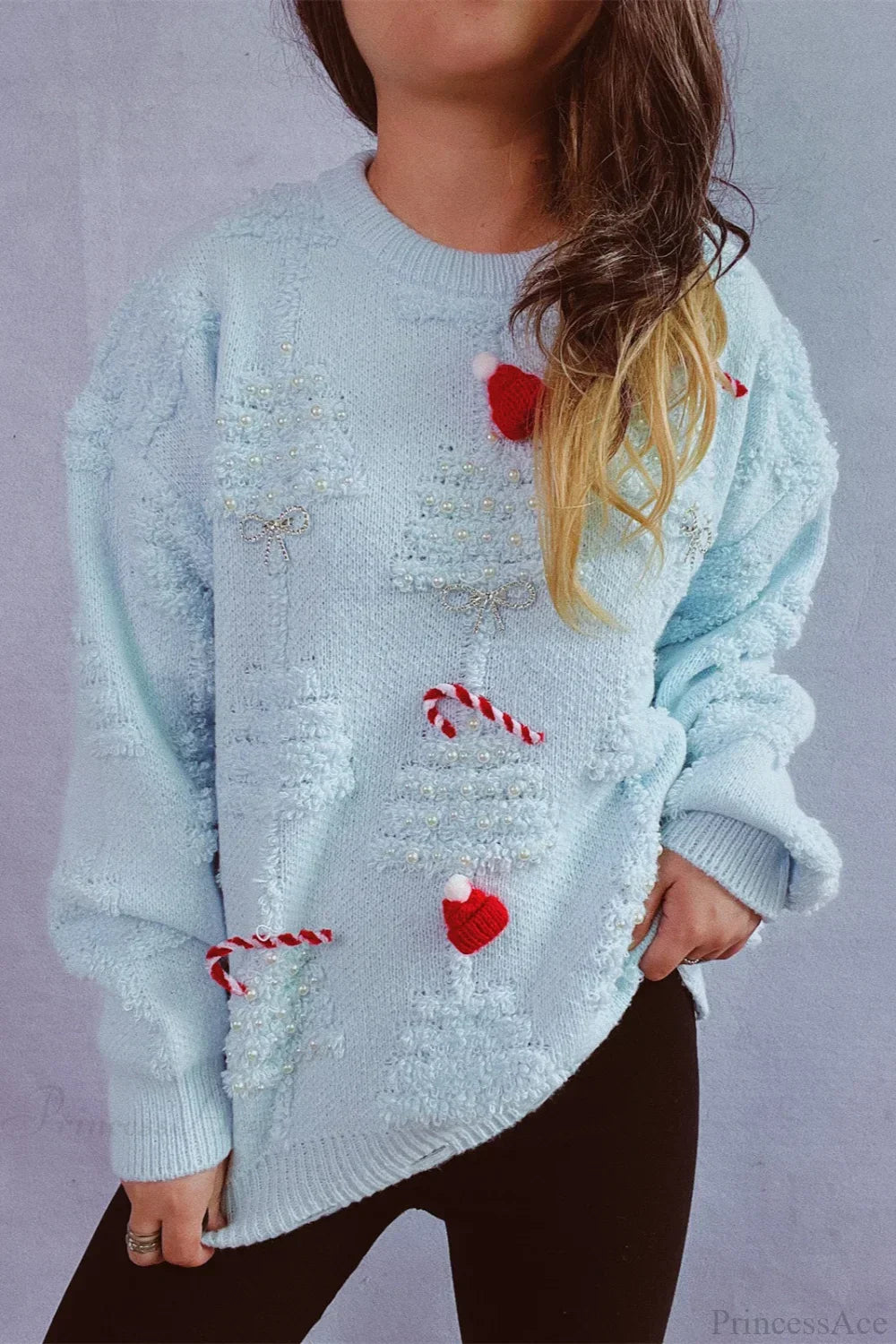 WW | Christmas 3D Tree Bead Solid Flocked Sweater