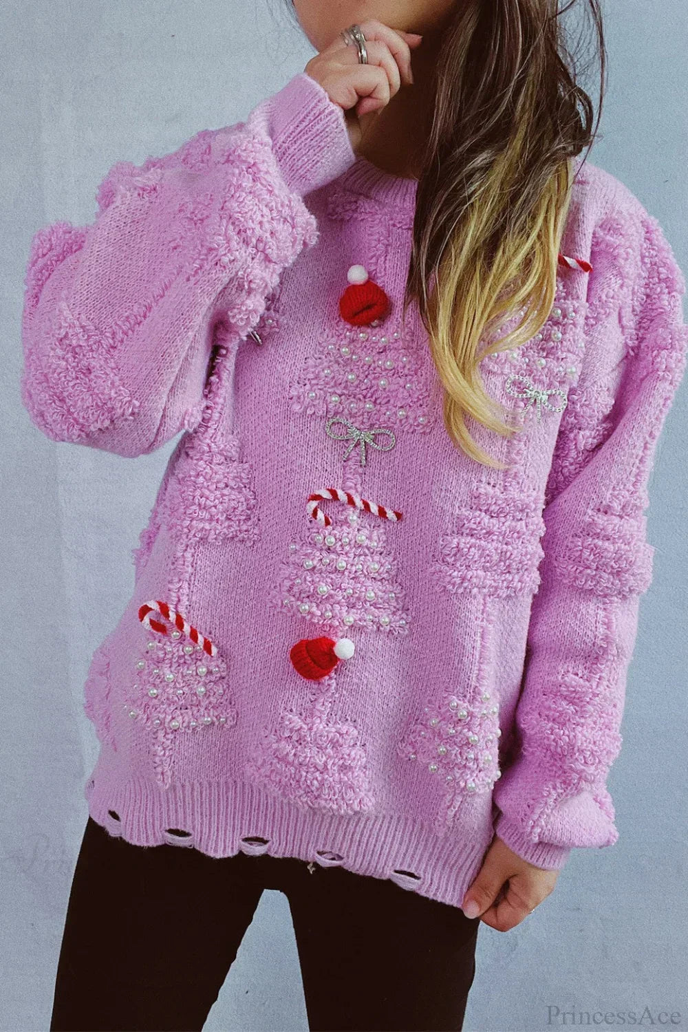 WW | Christmas 3D Tree Bead Solid Flocked Sweater