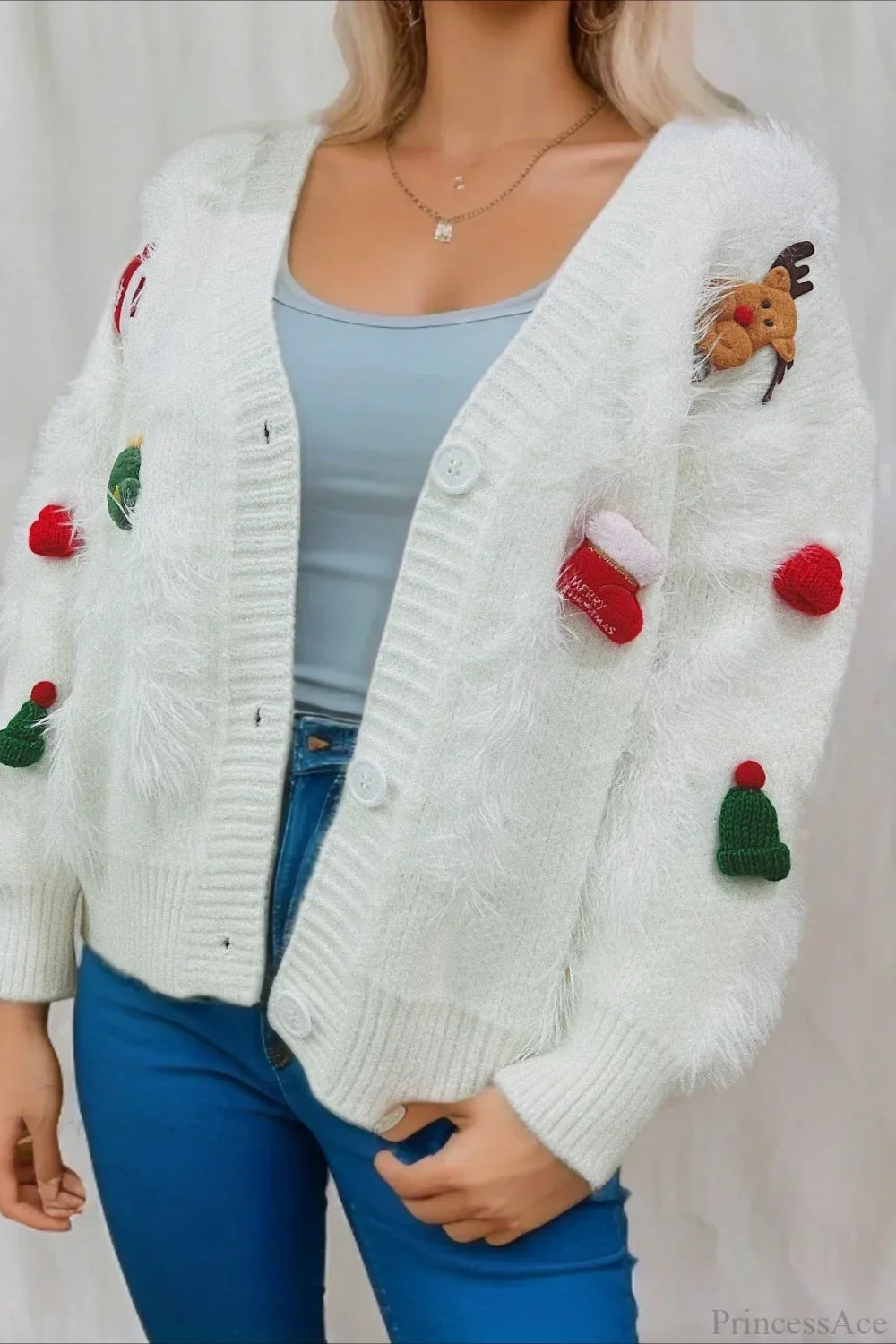 WW | Weihnachten Mink Fleece 3D Trim Einreiher Cardigan Sweater