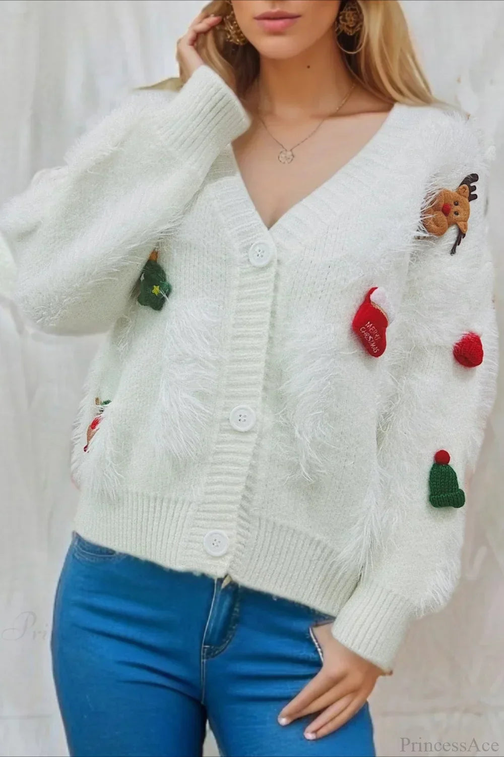WW | Weihnachten Mink Fleece 3D Trim Einreiher Cardigan Sweater