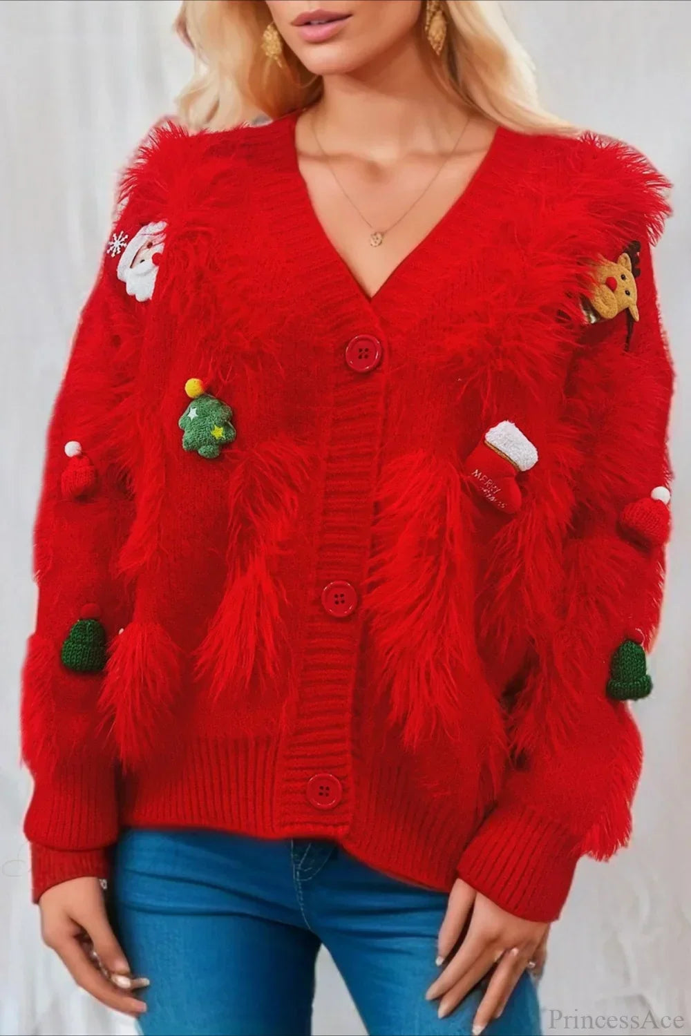 WW | Weihnachten Mink Fleece 3D Trim Einreiher Cardigan Sweater