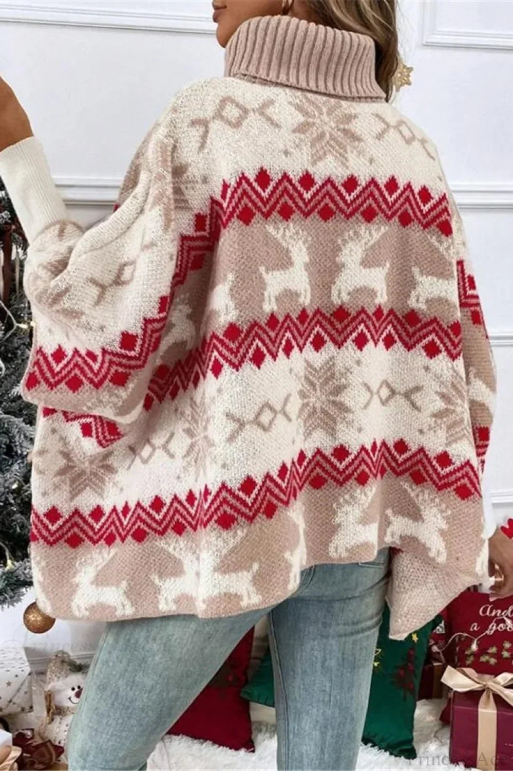 WW | Weihnachts-Elch Hoher Kragen Kontrast Fledermausärmel Pullover