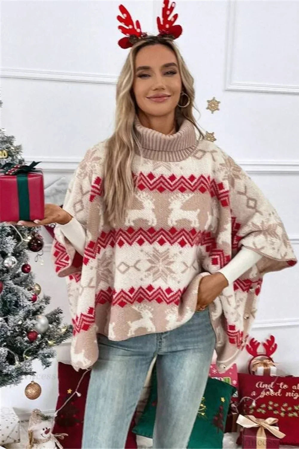 WW | Weihnachts-Elch Hoher Kragen Kontrast Fledermausärmel Pullover