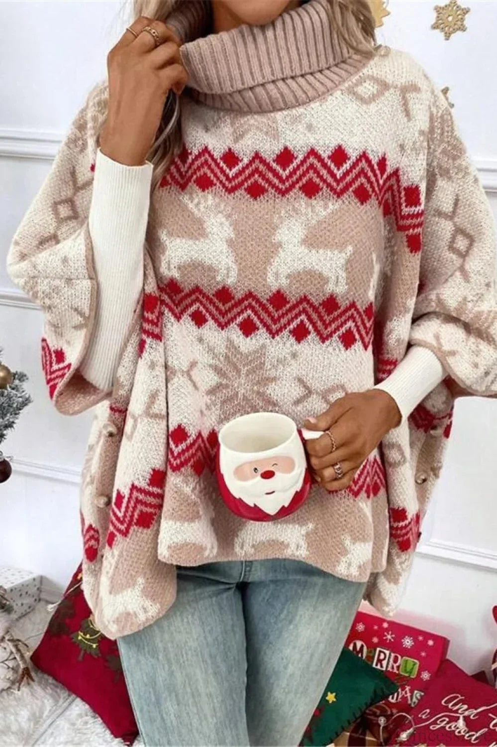 WW | Weihnachts-Elch Hoher Kragen Kontrast Fledermausärmel Pullover