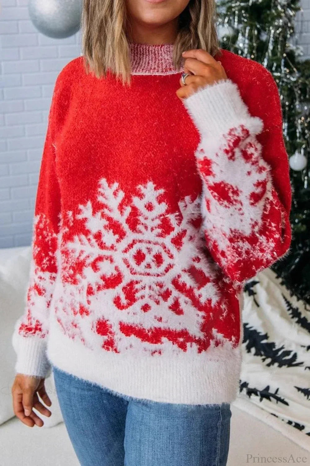 WW | Weihnachtsrote Schneeflockenmuster Rollkragen Weitgeschnittene Pullover
