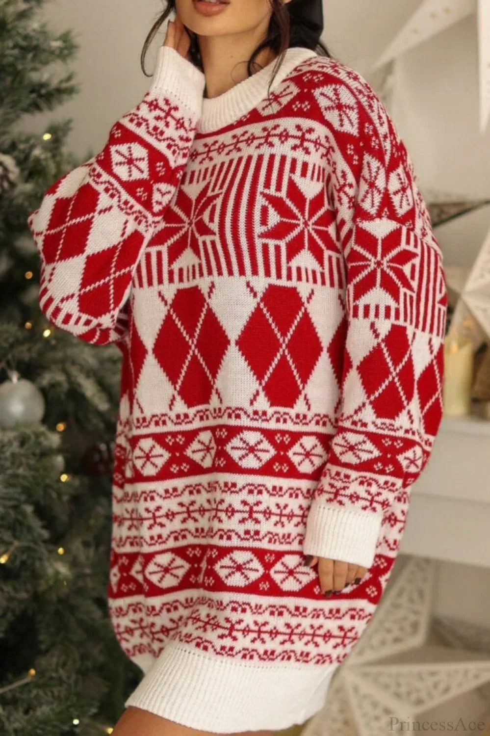 WW | Weihnachts-Schnee-Ahorn Ethnischer Rundhals-Langer Pullover