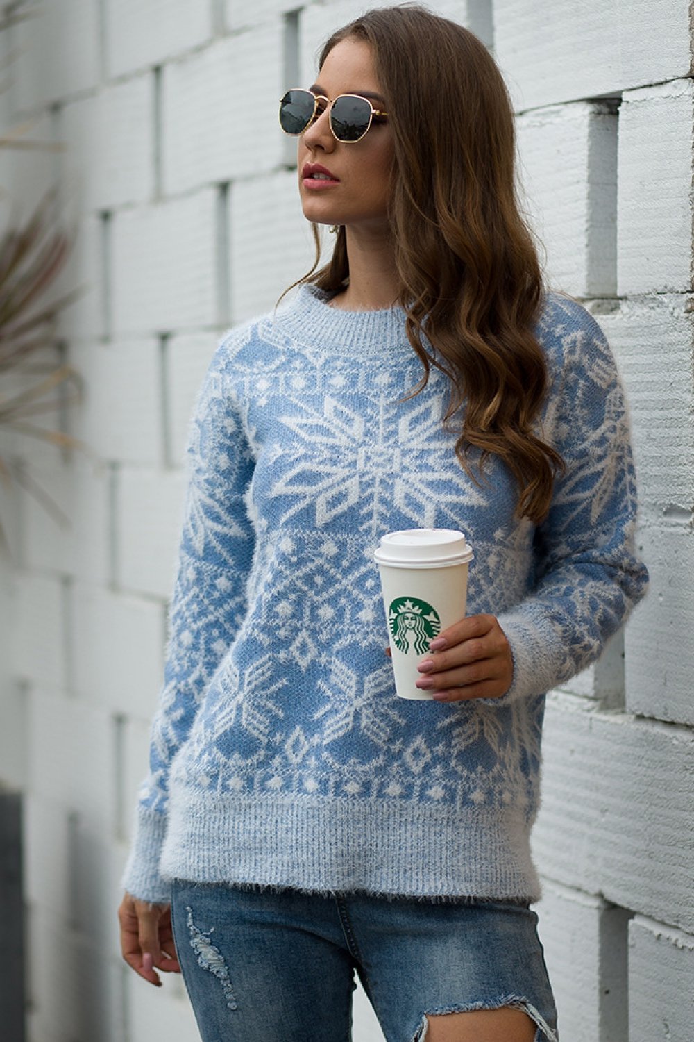 WW Weihnachts-Schneeflocken-Plüsch-Pullover - Blau