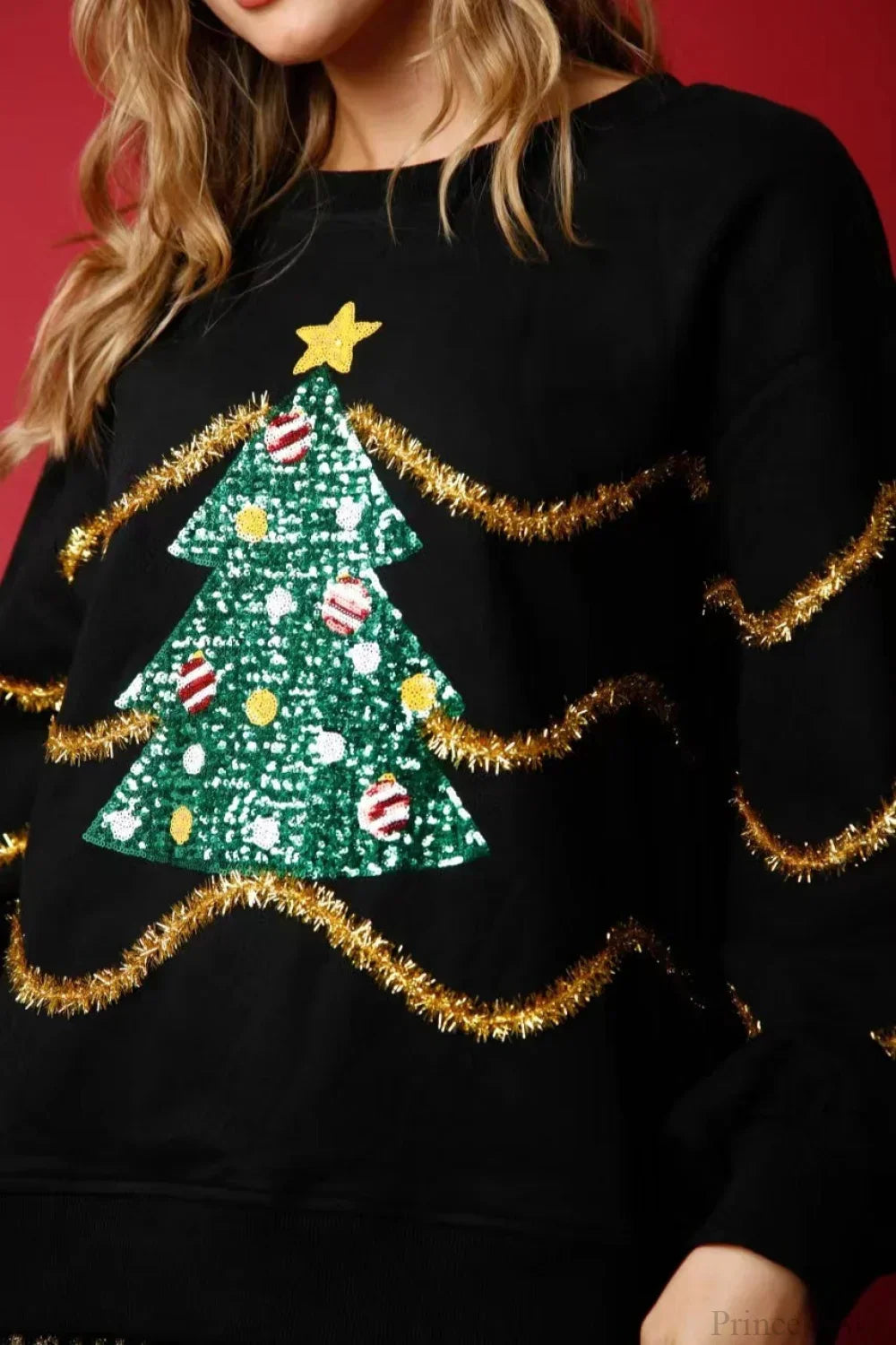WW | Weihnachtsbaum Paillette Lässig Lockere Lange Ärmel Tee