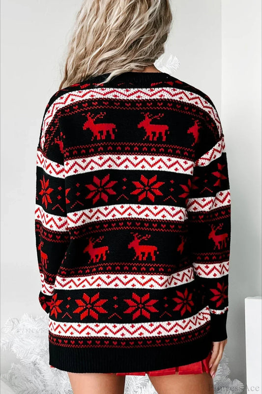 WW | Weihnachts V Hals Elch Jacquard Farbblock Strickpullover