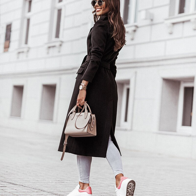 WW | Damen Notch Lapel Langmantel Taillengürtel