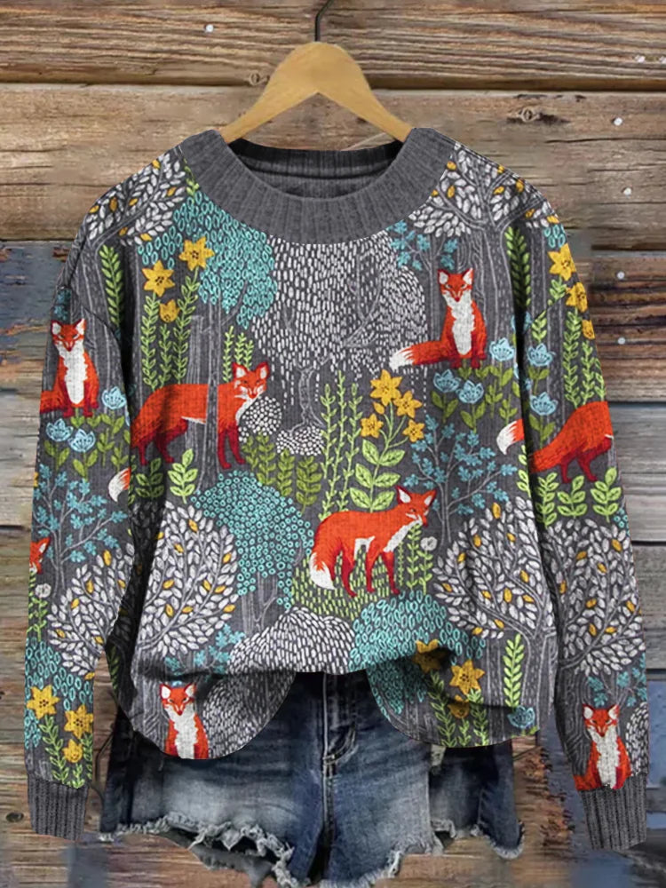WW | Elegant Long-Sleeve T-Shirt with Forest Fox Pattern for Women