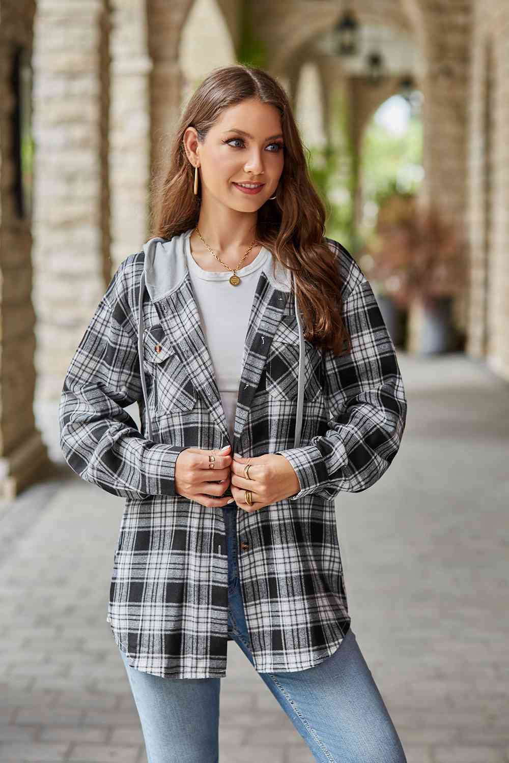 WW | Plaid Long-Sleeved Hooded Jacket