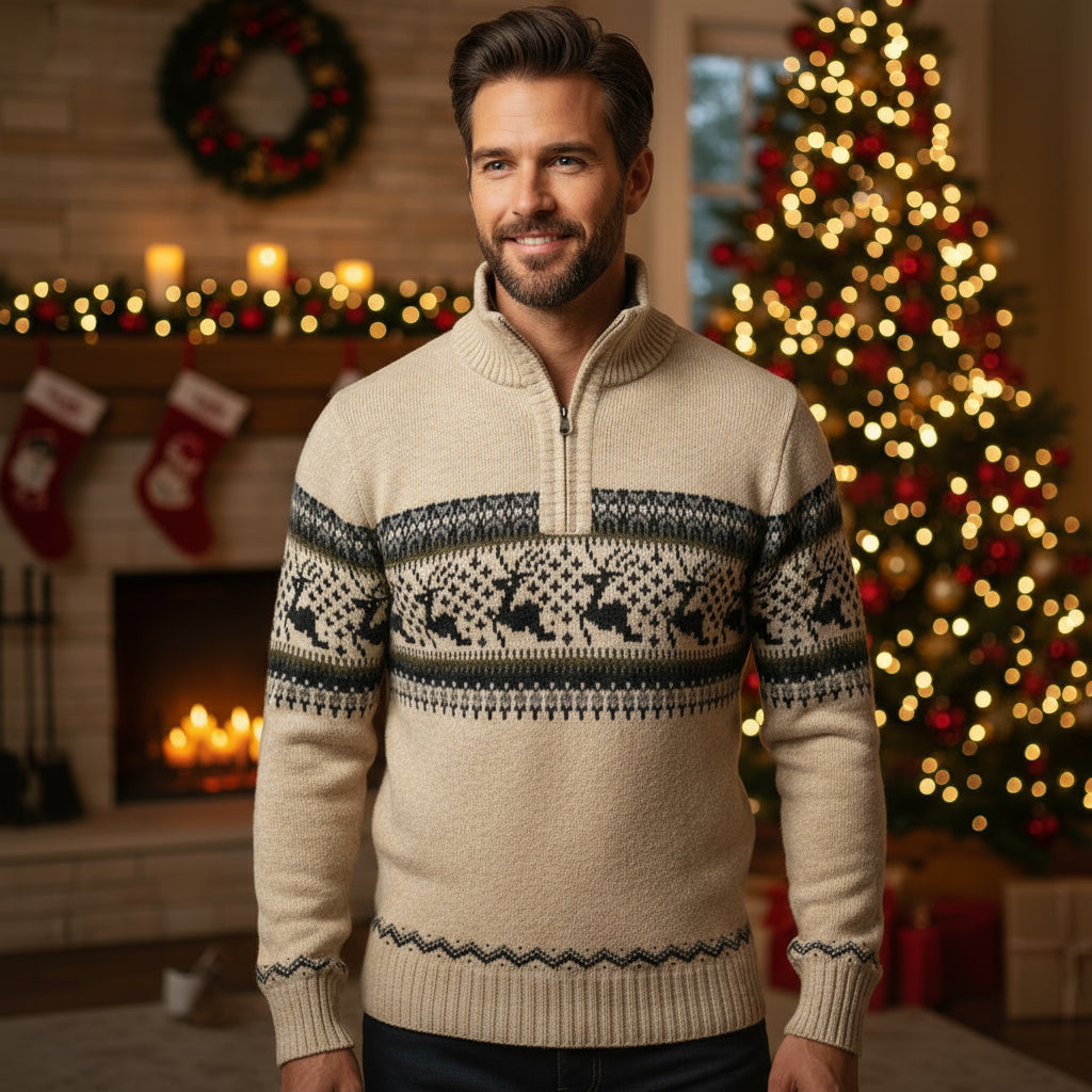 WW | Men's Winter Pullover - warm knitted sweater with half-zip & Scandinavian reindeer pattern