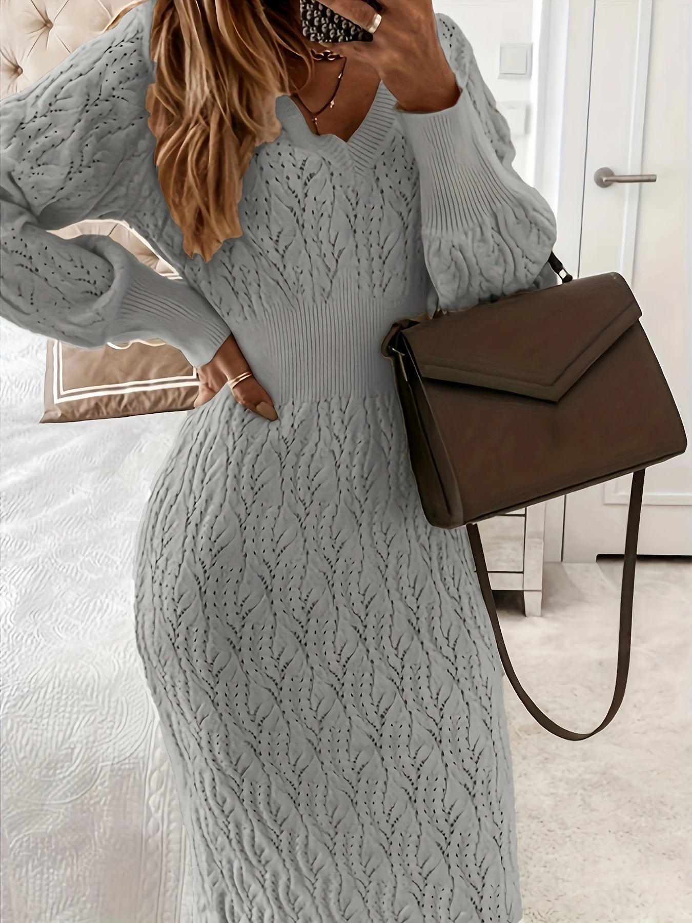 WW |  Baumwolle Solide Loch Pullover V-Ausschnitt Lange Ärmel Midi Formelles Kleid Für Damen - Ideal für formelle Anlässe