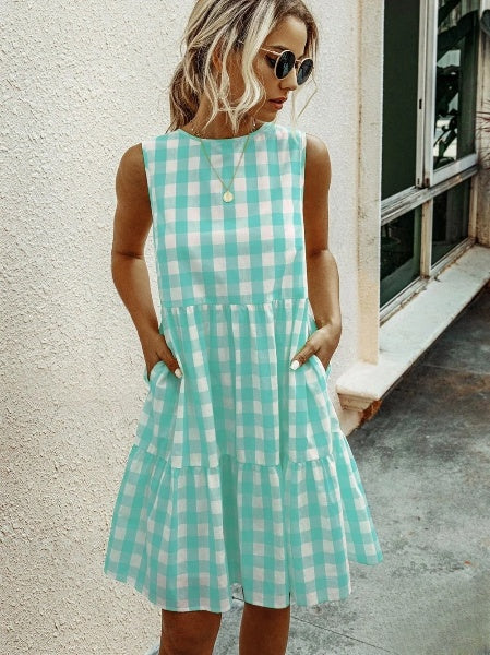 WW | Mode, Locker Geschnittenes Damenkleid mit Rundhalsausschnitt, Kariert Pastelmittelrock