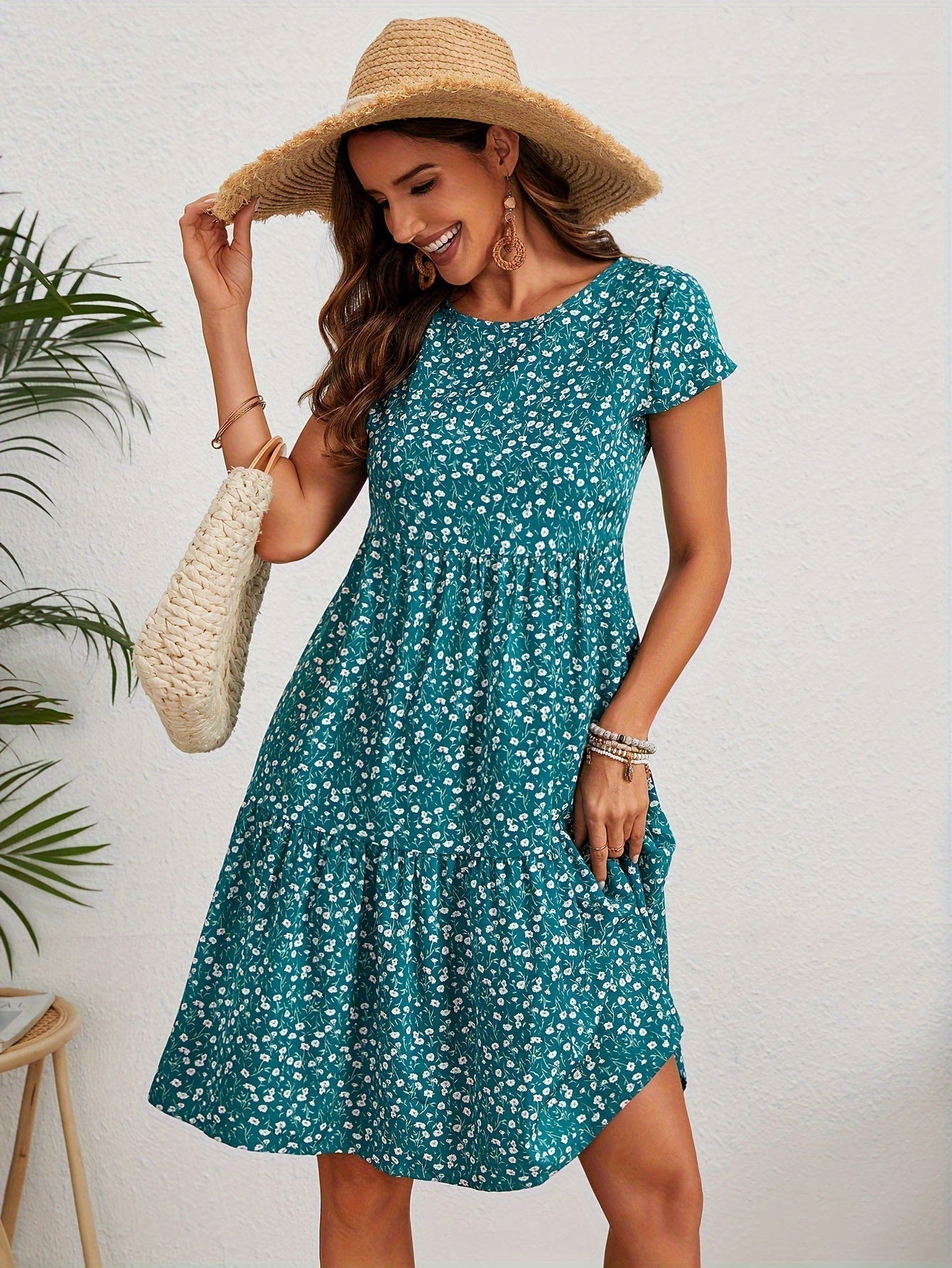 Callista - Floral Print Round Neck Dress
