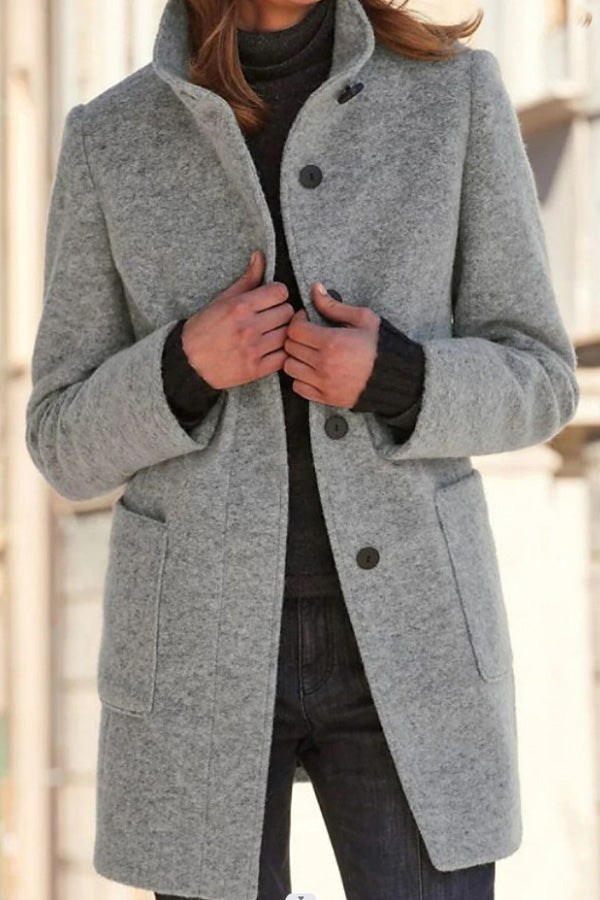 WW | Solid Color Button Stand-Up Collar Wool Jacket