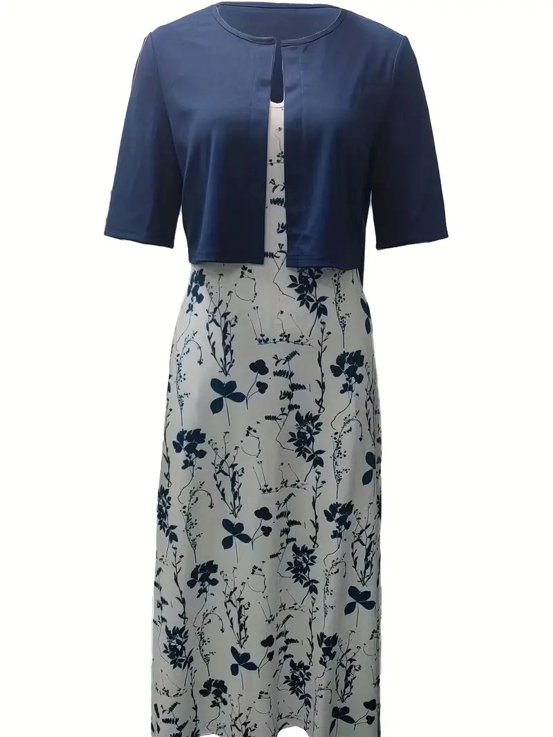 WW | Elegante Zweiteilige Blumenkleid-Set mit Einfarbigem Crop-Top und Rundhalskleid