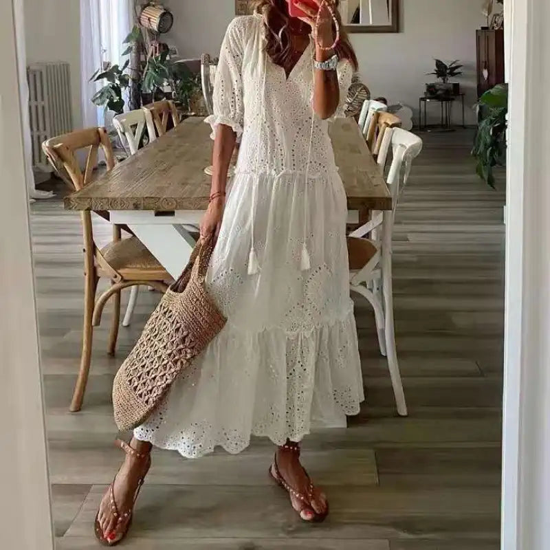 Wendy - Long Boho-Chic White Lace Dress with Ruffles