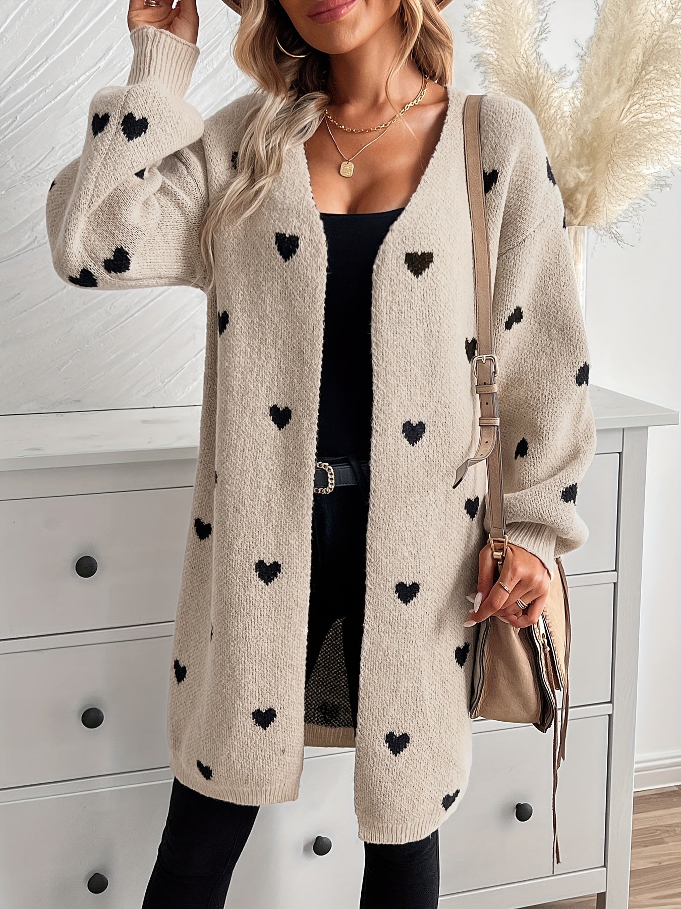 WW | Heart Pattern Long Length Wool Cardigan For Women - Ideal for Winter