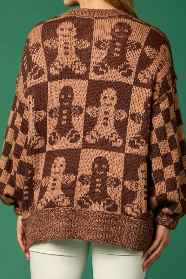 WW | Christmas Gingerbread Man Crew Neck Long Sleeve Loose Knit Sweater