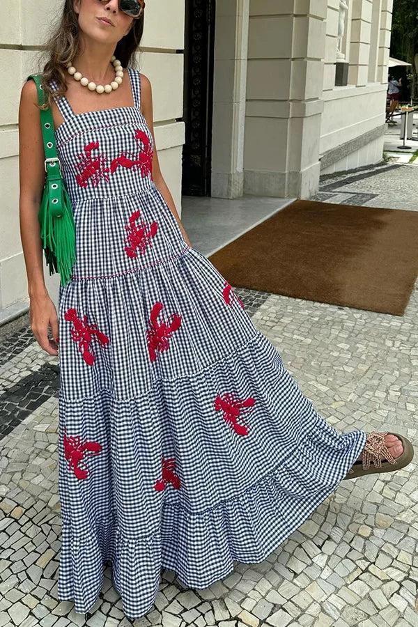 Long checked dress with embroidered shrimp