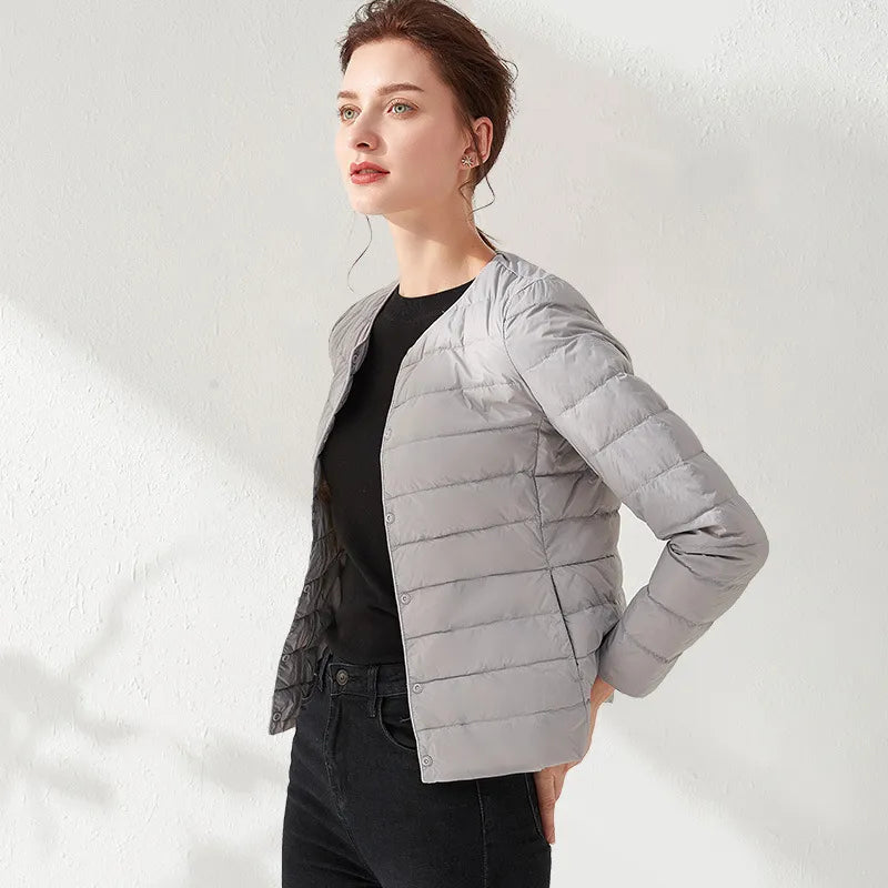 WW | Lightweight, collarless, and form-fitting quilted jacket for women