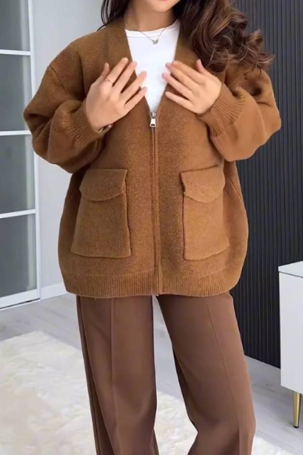 WW | Farbe Vielseitiger V-Ausschnitt Taschenpullover Jacke