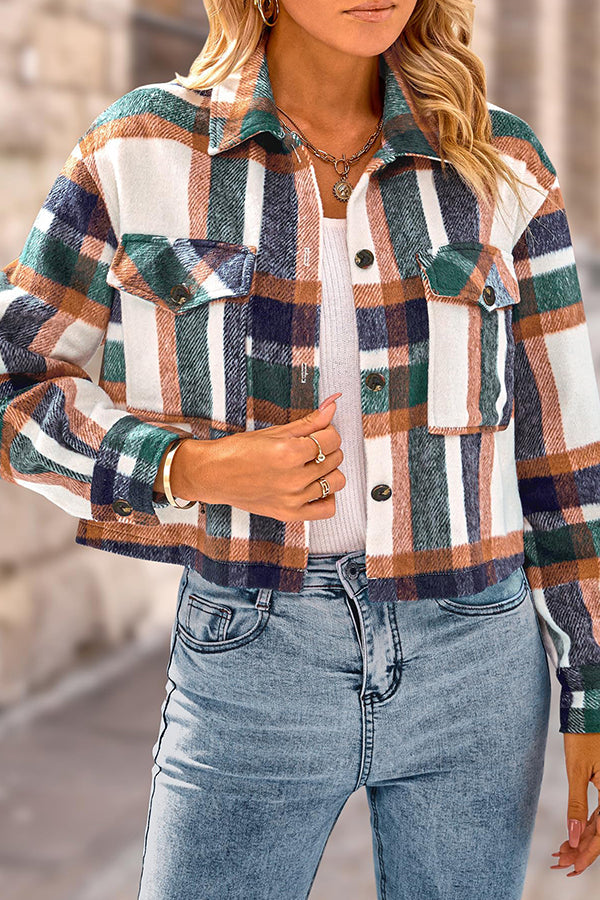 WW | Pocket Fashion Casual Cropped Damen Karierte Jacke
