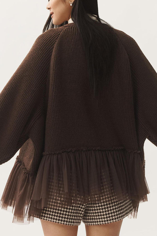 WW | Knit cardigan with mesh ruffle and long sleeves