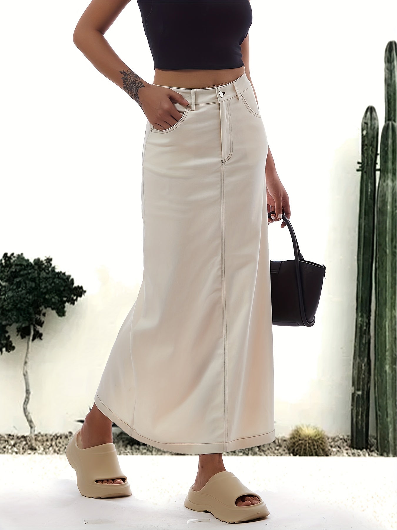 WW | Einfarbiger Weißer Schlitz Hinten Lässig Maxi Denim Rock
